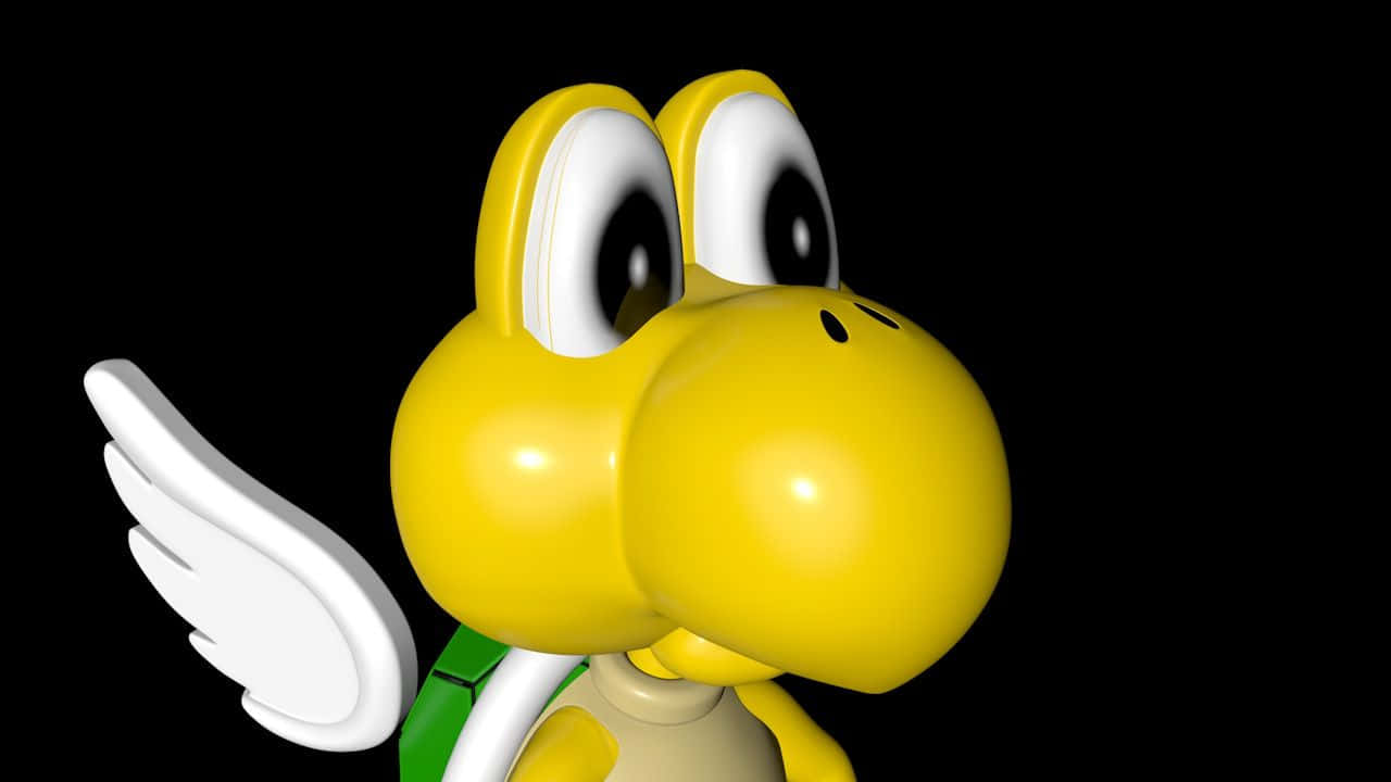 Koopa Troopa 桌布 壁紙 — 一隻黃色卡通恐龍的特寫，有白色翅膀和綠色殼，背景為黑色。