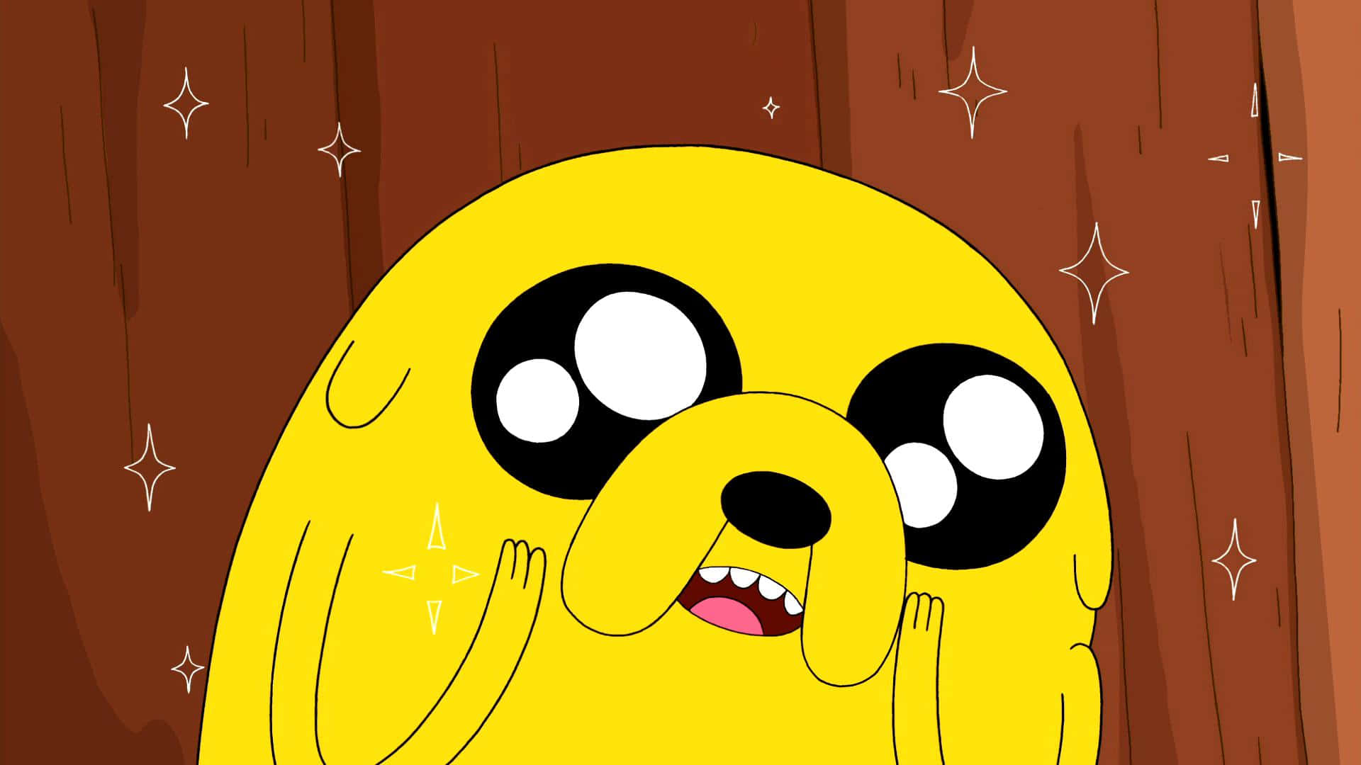 Adventure Time Cute 桌布 壁紙 — 一隻黃色卡通狗，眼睛睜大，表情驚訝，站在帶有閃爍星光的木質背景前。