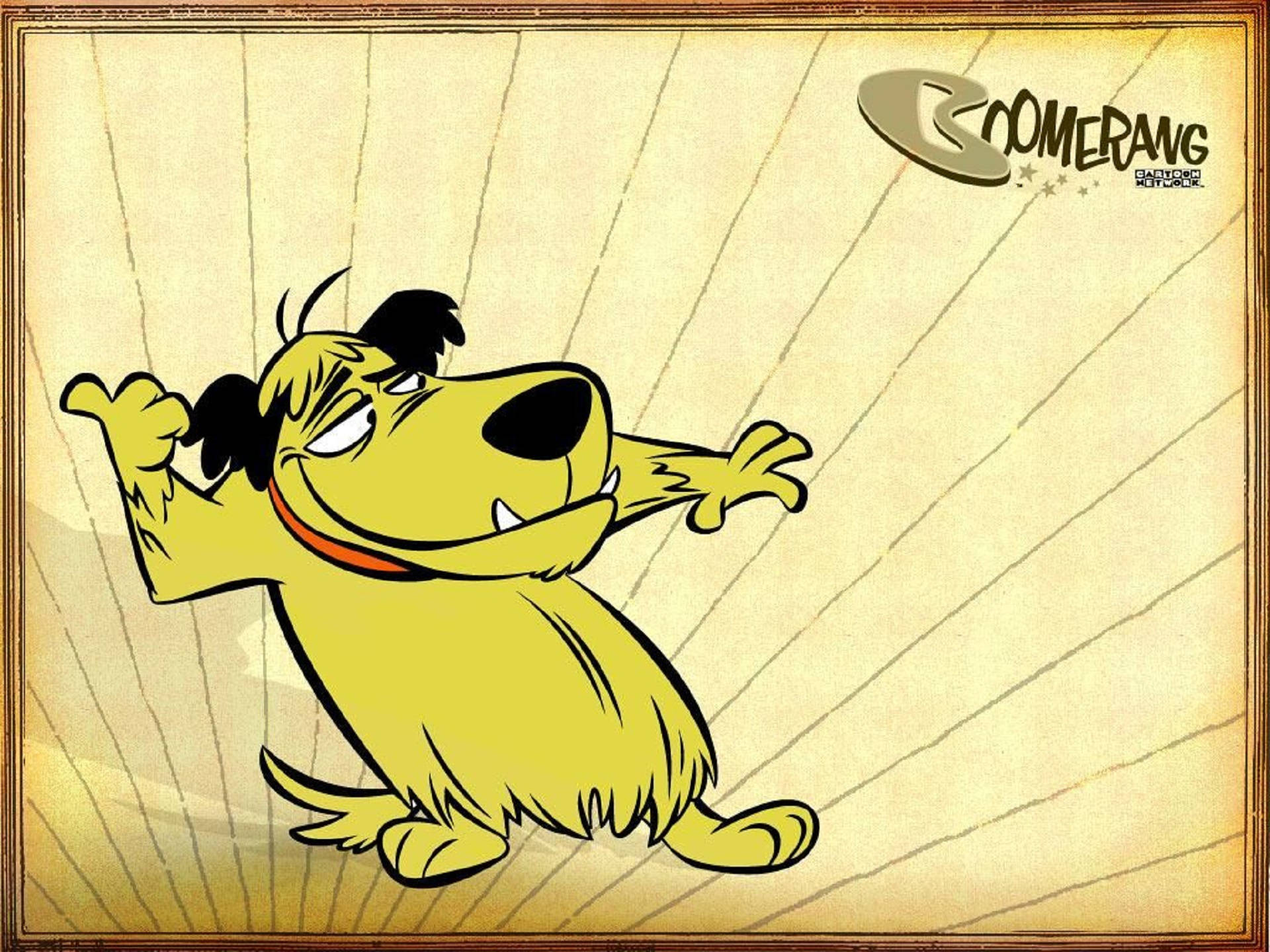 Muttley 桌布 壁紙 — 一隻黃色卡通狗，黑色毛髮，紅色項圈，在帶有對角線的米色背景前擺出俏皮姿勢。