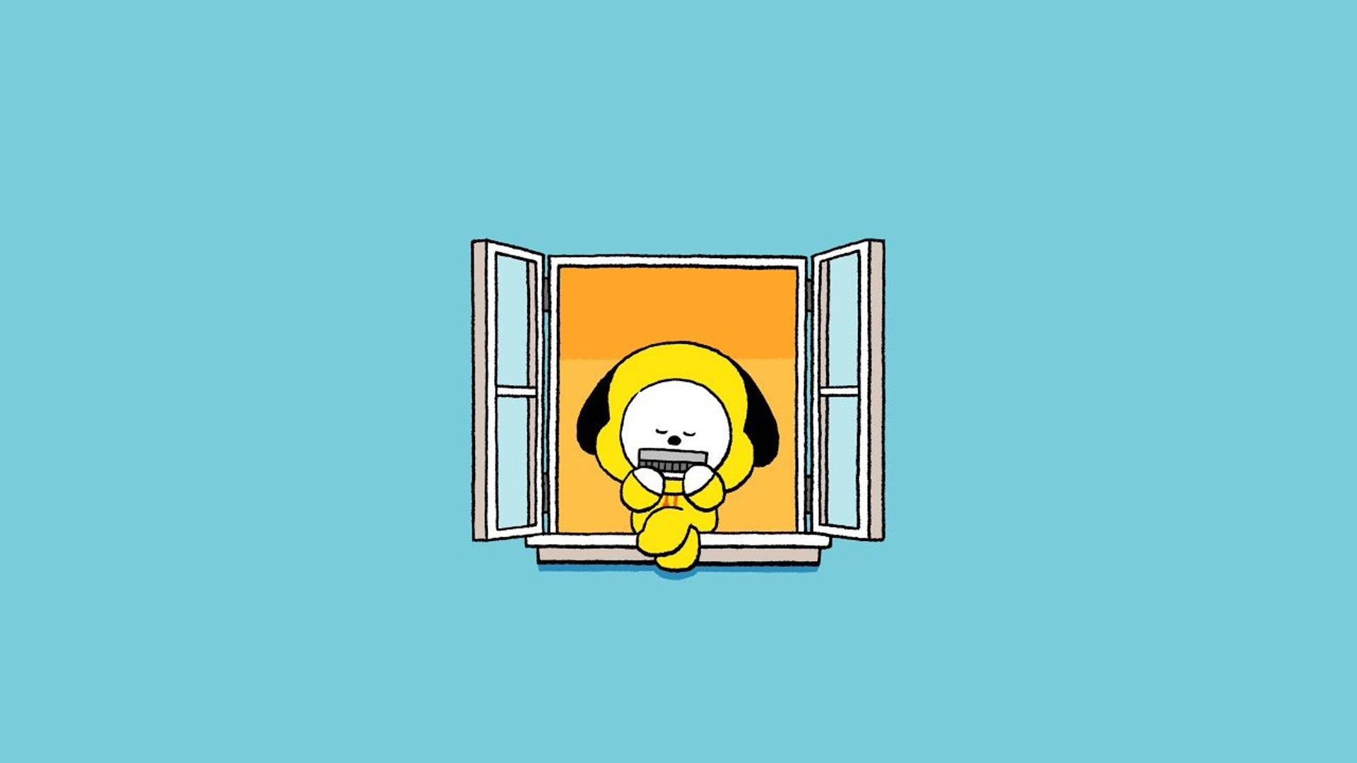 Chimmy 桌布 壁紙 — 一隻黃色卡通狗，黑色耳朵，平靜地坐在打開的窗戶裡，吹著口琴，背景是溫暖的橙色。