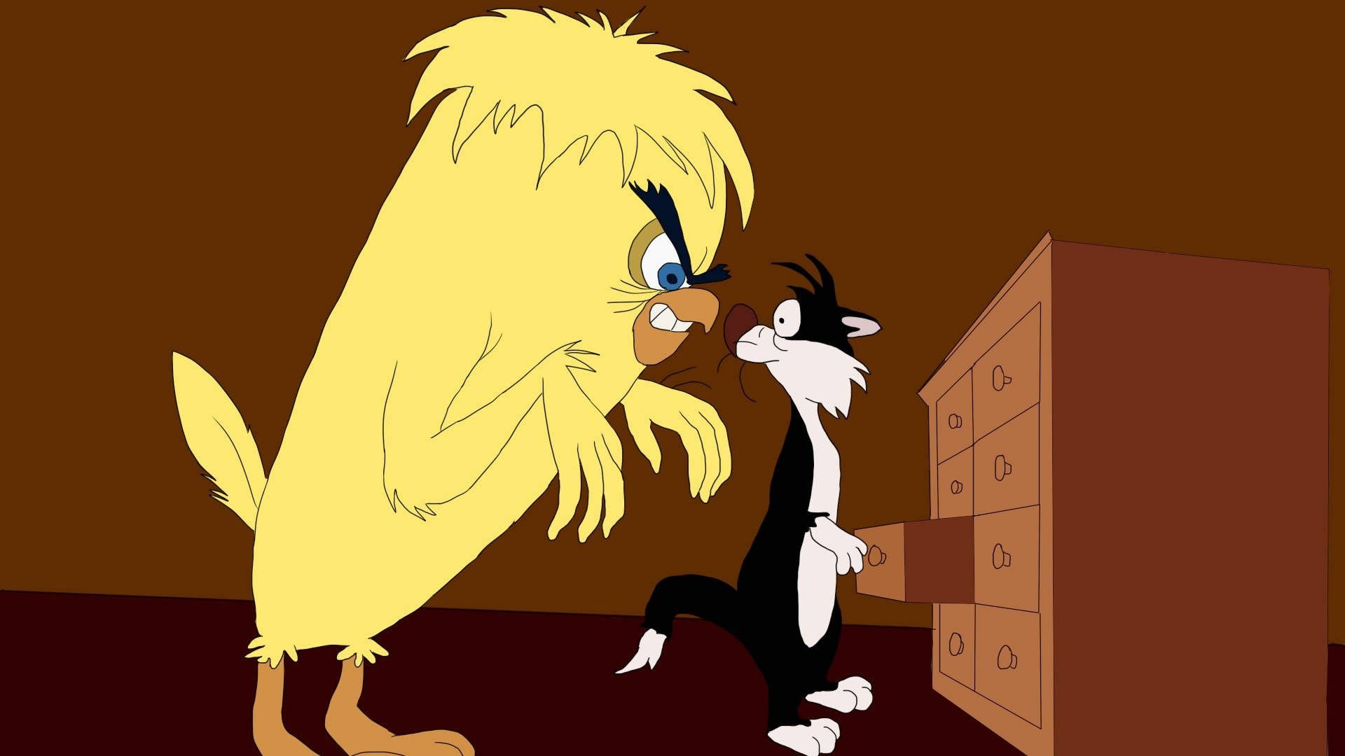 Sylvester 桌布 壁紙 — 一隻黃色卡通獅子在昏暗的房間裡，在梳妝檯附近與一隻黑白貓對峙。