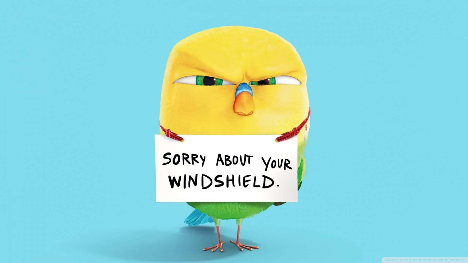 Yellow Bird 桌布 壁紙 — 一隻黃色卡通鳥，表情不悅，舉著一個為擋風玻璃道歉的牌子。