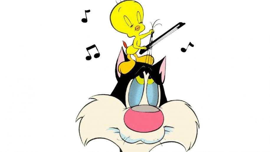 Sylvester 桌布 壁紙 — 一隻黃色卡通鳥在一隻受驚的黑貓頭上拉小提琴，周圍漂浮著音符。
