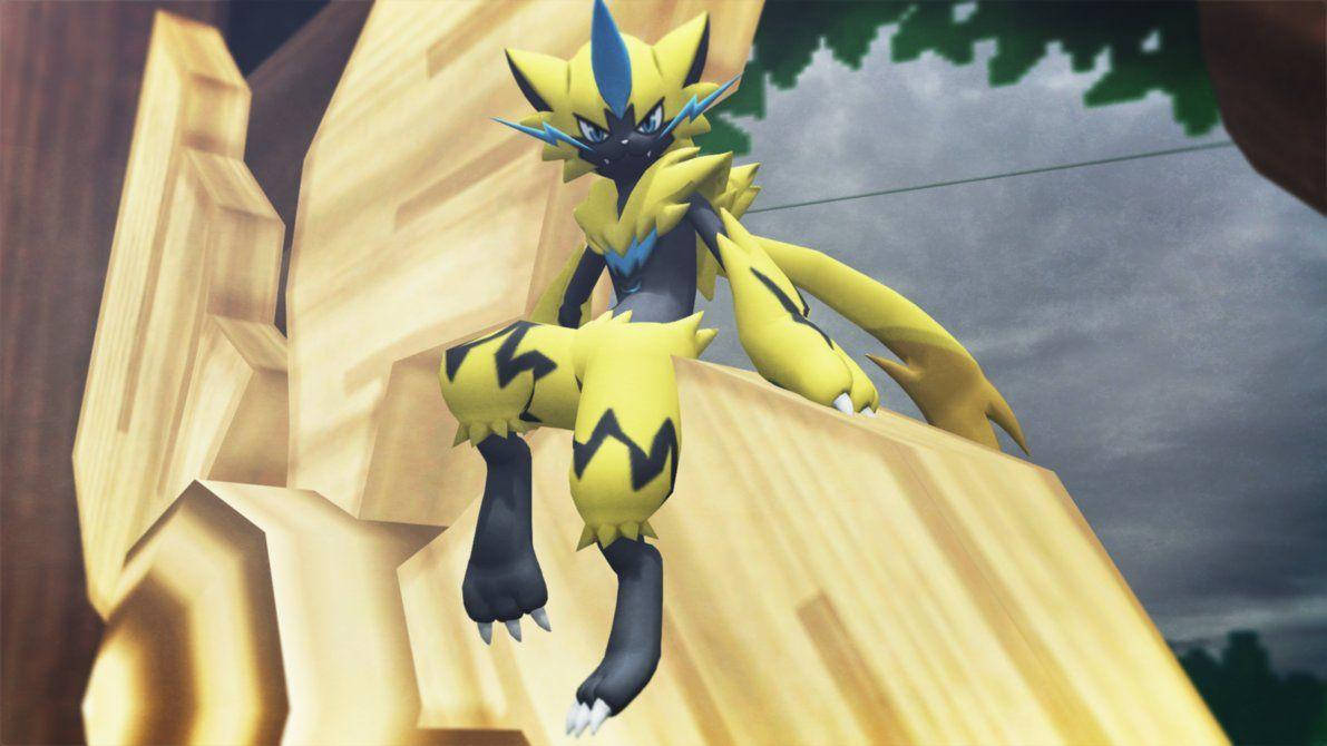 Zeraora 桌布 壁紙 — 一隻黃色和黑色閃電主題的寶可夢棲息在金色岩石上，天空風暴密佈。