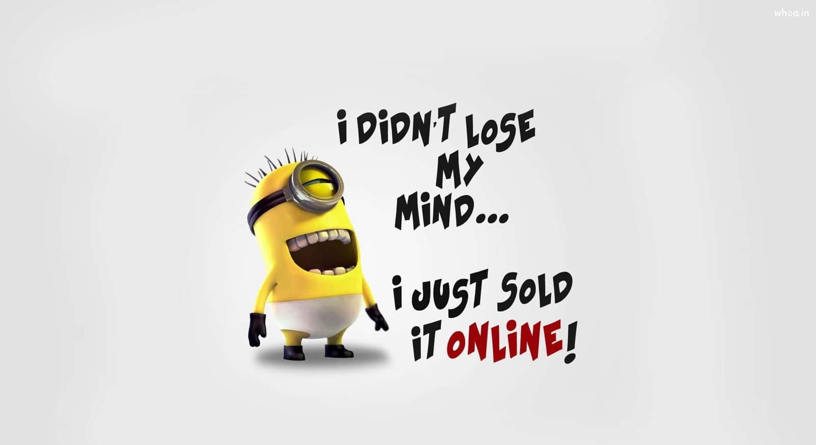 桌布 壁紙 — 一隻黃色單眼Minion狂笑，旁邊有粗體文字宣稱它在網上賣掉了自己的腦袋。
