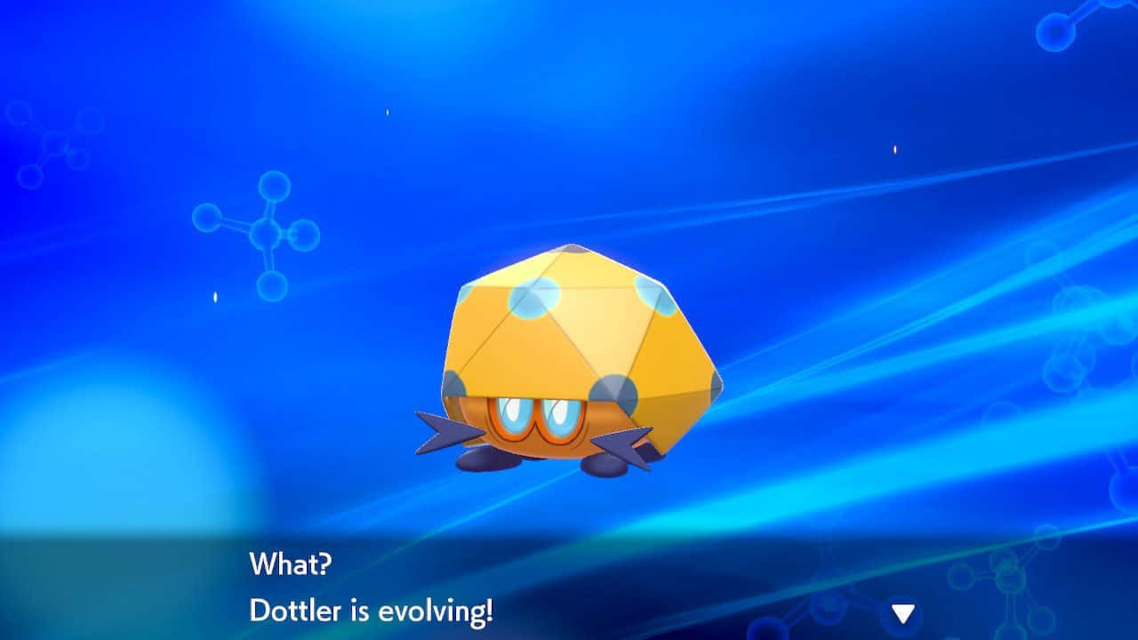 Pokemon Aesthetic 桌布 壁紙 — 一隻黃色多邊形寶可夢名為Dottler，在發光的藍色能量條紋和分子符號中進化。