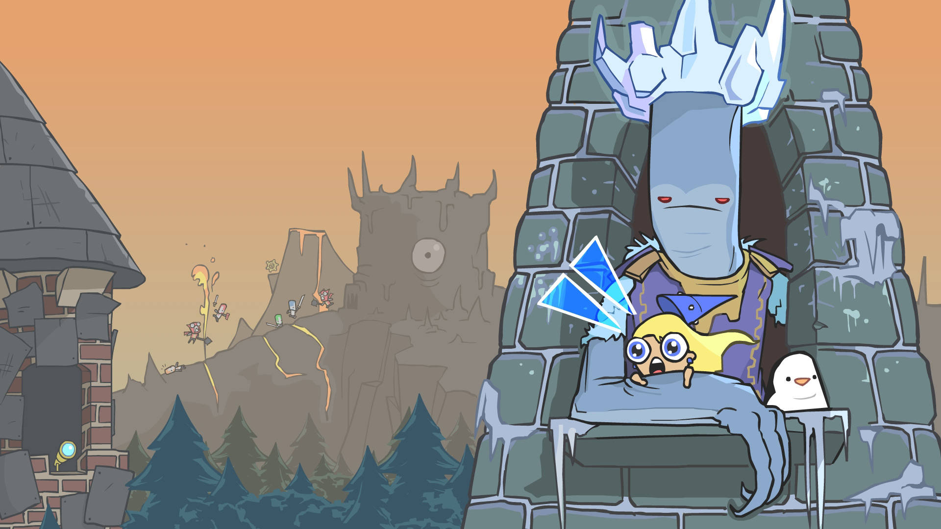 Castle Crashers 桌布 壁紙 — 一隻黃色小生物睜大眼睛，驚恐地坐在石王座上，旁邊是一位巨大的冰藍色國王，遠處有小人影在橙色天空下攀登山峰。