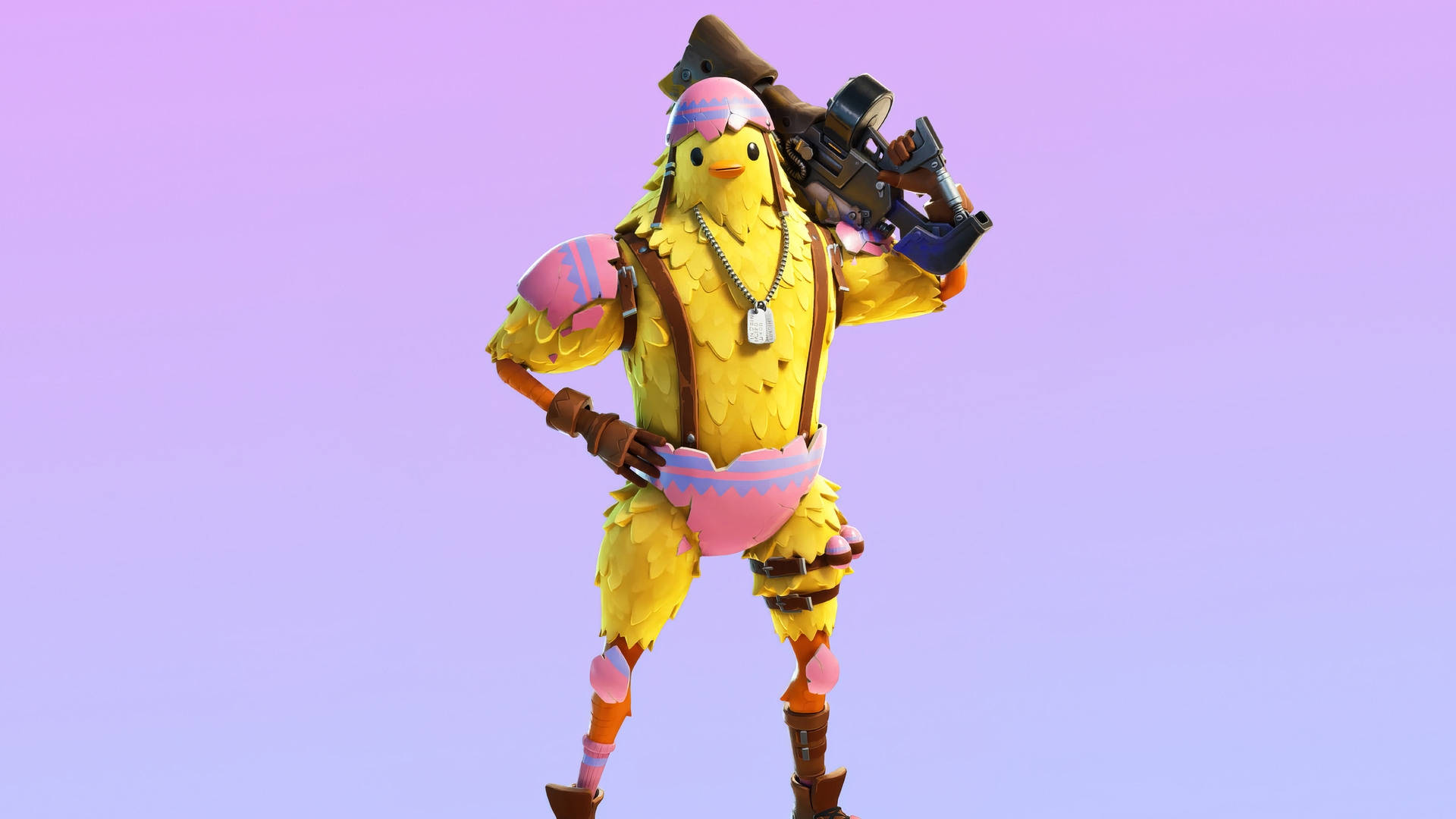 Fortnite 桌布 壁紙 — 一隻黃色小雞角色穿著復活節主題裝備，在柔和的紫色漸變背景前手持未來武器。
