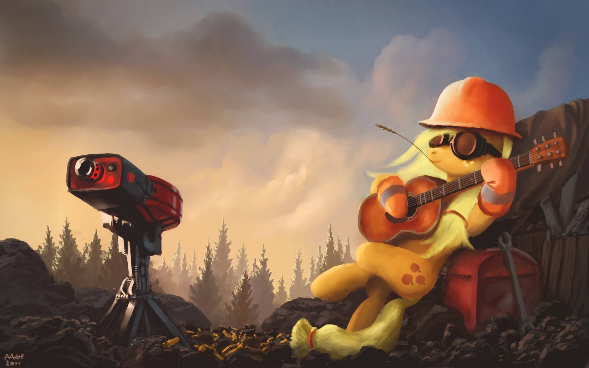 Tf2 桌布 壁紙 — 一隻黃色小馬戴著橙色安全帽和護目鏡，在日落時分的岩石森林中，在三腳架上的紅色相機旁邊彈吉他。