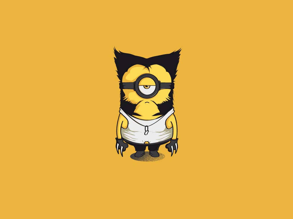 Minion 桌布 壁紙 — 一隻黃色的Minion，有黑色毛和爪子，穿著白色背心，背景是純橙色。