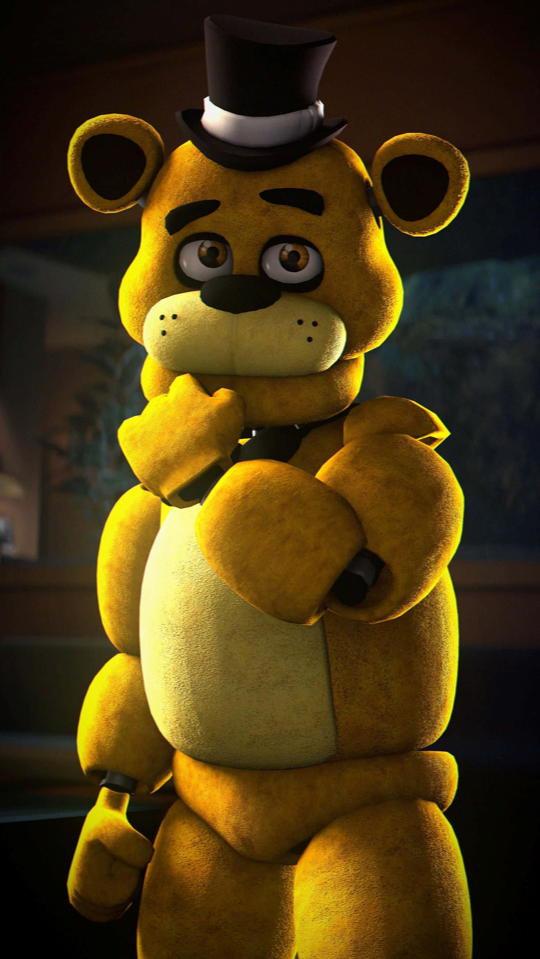 Golden Freddy 桌布 壁紙 — 一隻黃色的動畫機械熊戴著高帽和蝴蝶結，在昏暗燈光下站著，表情擔心。
