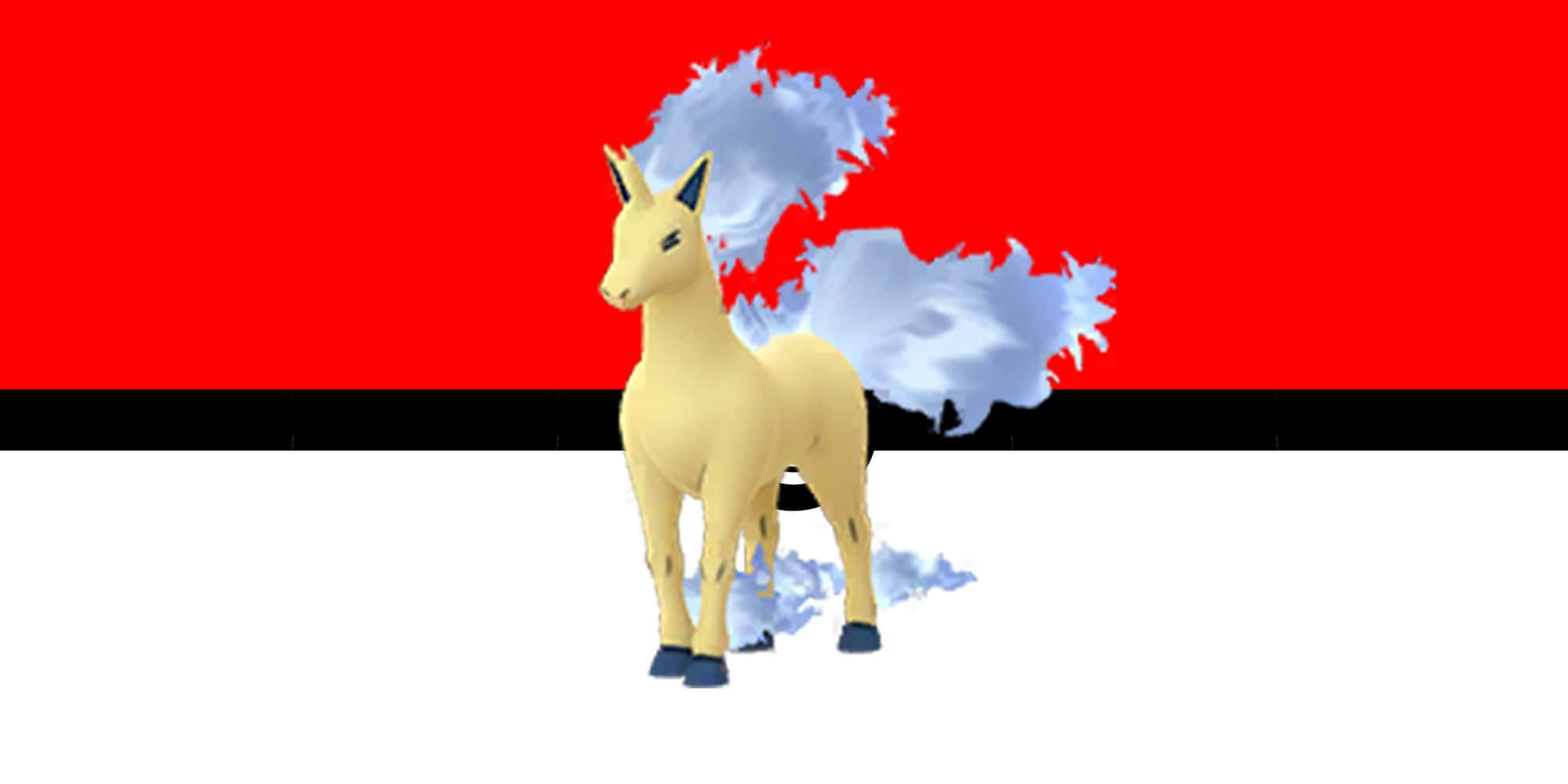 Rapidash 桌布 壁紙 — 一隻黃色的寶可夢，有著毛茸茸的藍色尾巴，站在大膽的紅、黑、白背景前。