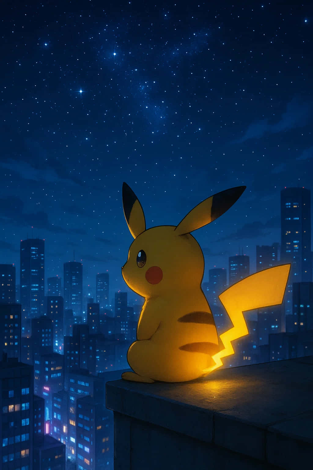 Pikachu HD Wallpaper WEBP 4K Background Download 壁紙 — 一隻黃色的皮卡丘坐在屋頂上，凝視著發光城市上空的星空。