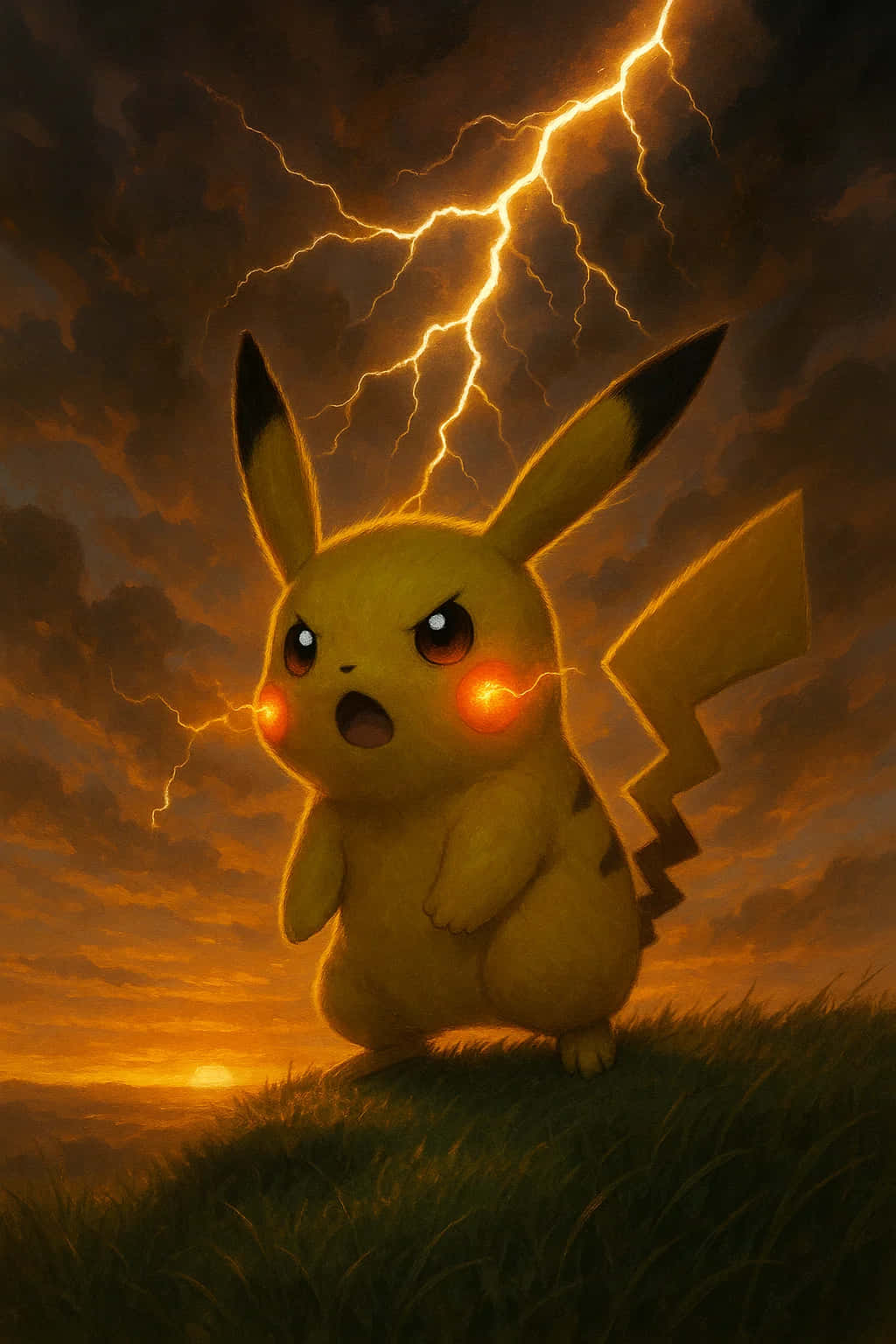 Pikachu HD Wallpaper WEBP 4K Background Download 壁紙 — 一隻黃色皮卡丘，臉頰發光，站在草地上，天空戲劇性地被金色閃電照亮。