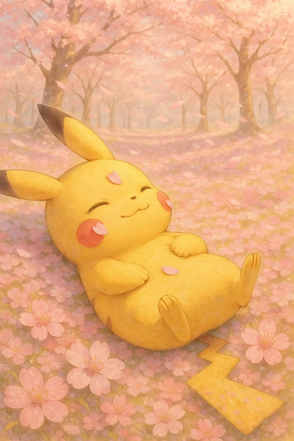 Pikachu HD Wallpaper WEBP 4K Background Download 壁紙 — 一隻黃色皮卡丘在柔和的粉紅天空下，在粉紅櫻花中安然入睡。