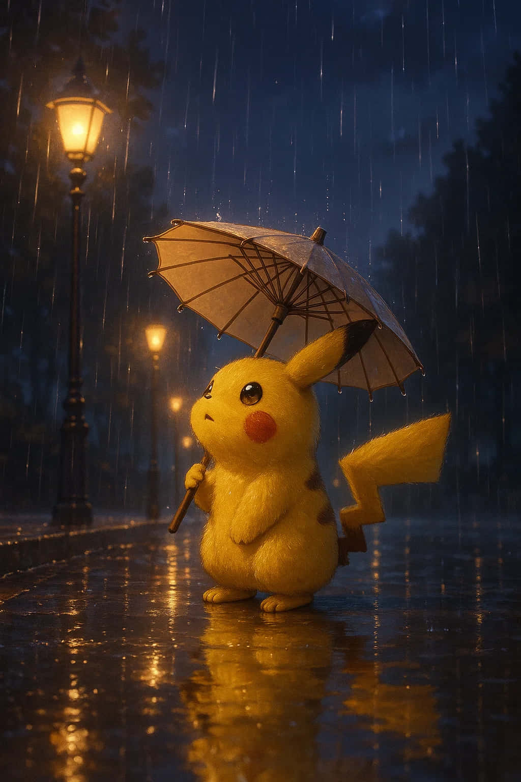 Pikachu HD Wallpaper WEBP 4K Background Download 壁紙 — 一隻黃色皮卡丘在雨夜的溫暖街燈下，在濕漉漉的人行道上撐著一把紙傘。