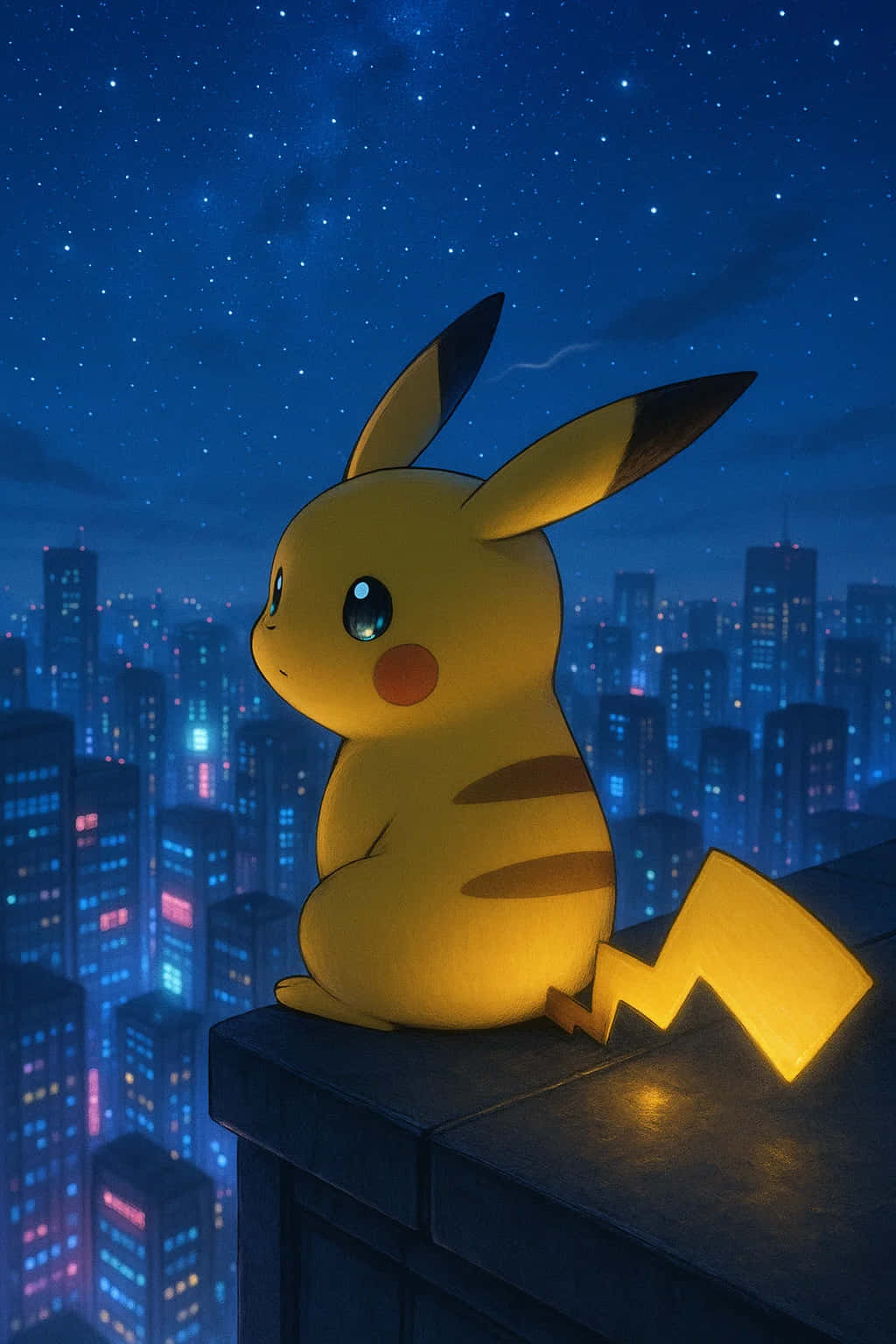 Pikachu HD Wallpaper WEBP 4K Background Download 壁紙 — 一隻黃色皮卡丘坐在屋頂上，凝視著發光城市上空繁星點點的夜空。