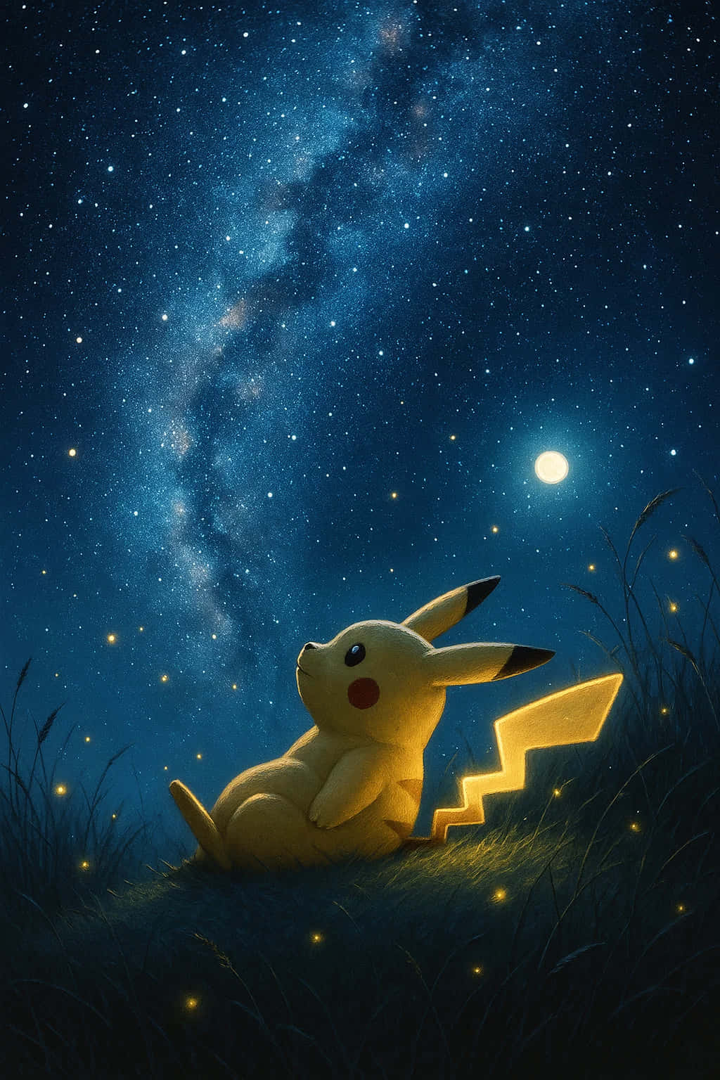 Pikachu HD Wallpaper WEBP 4K Background Download 壁紙 — 一隻黃色皮卡丘坐在草地上，仰望繁星點點的夜空，明亮的月亮和發光的螢火蟲圍繞著。