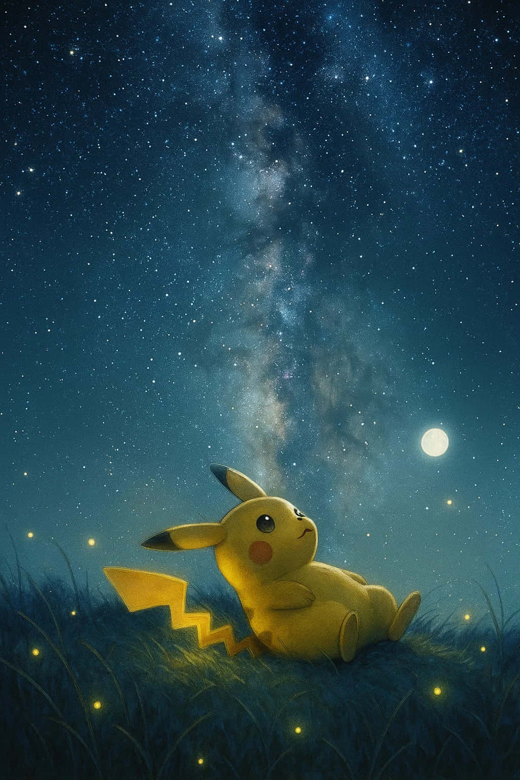 Pikachu HD Wallpaper WEBP 4K Background Download 壁紙 — 一隻黃色皮卡丘平靜地坐在草地上，星空下有一輪明月和發光的螢火蟲。