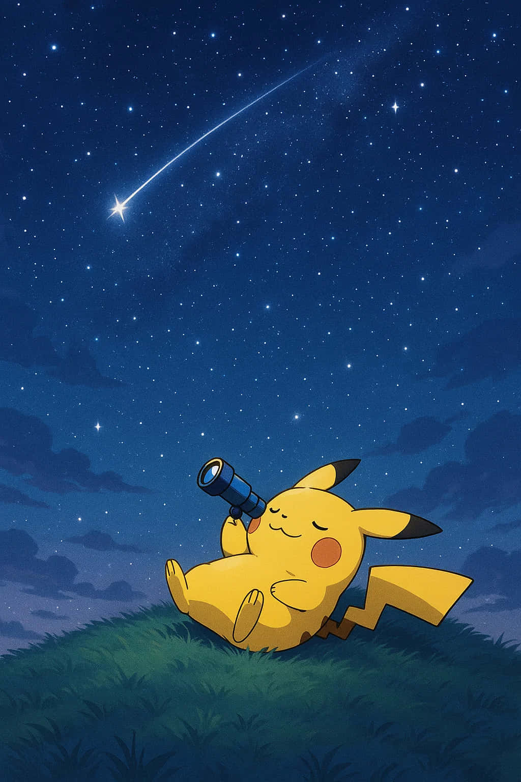 Pikachu HD Wallpaper WEBP 4K Background Download 壁紙 — 一隻黃色皮卡丘平靜地坐在草地上，在星空下用望遠鏡觀看明亮的流星。