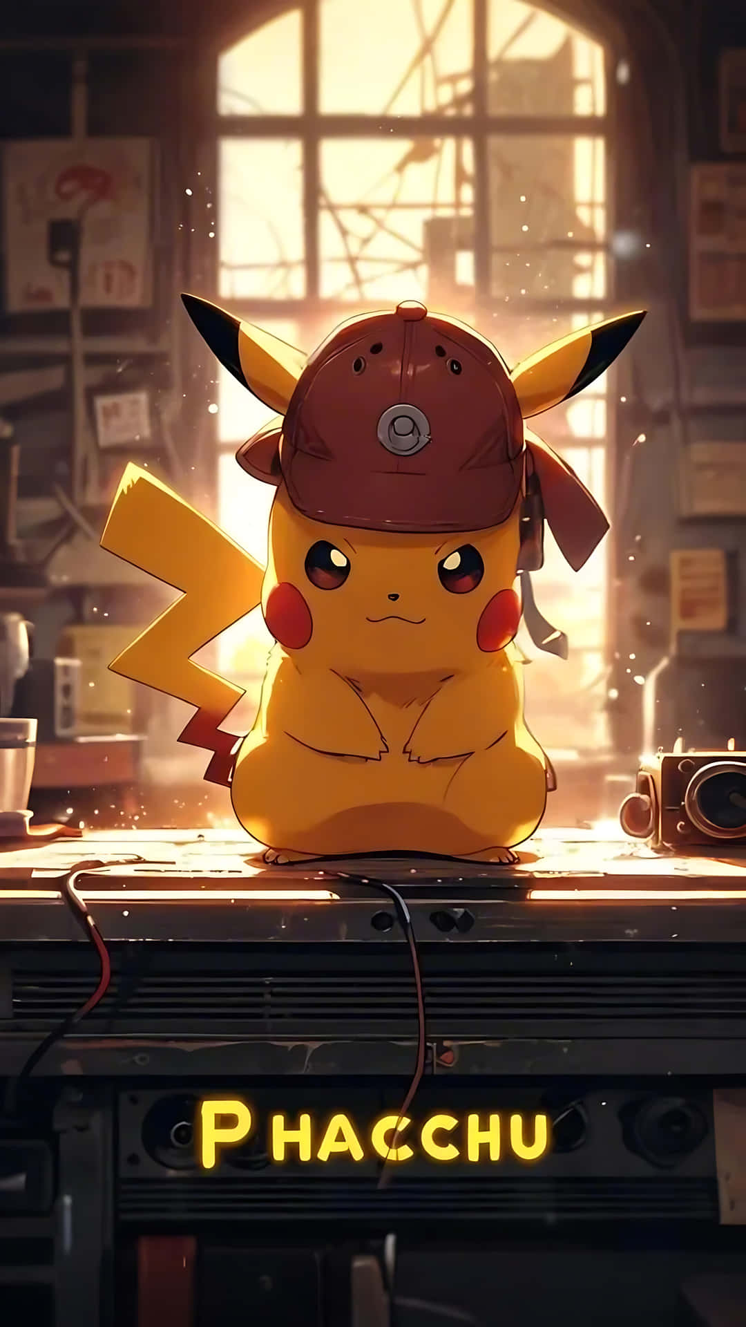 Pikachu's Electric Charm - Cute, Playful, and Bold. smartphone wallpaper 壁紙 — 一隻黃色皮卡丘戴著紅色偵探帽，坐在一張凌亂的書桌上，被大窗戶透進來的溫暖金色光線包圍。