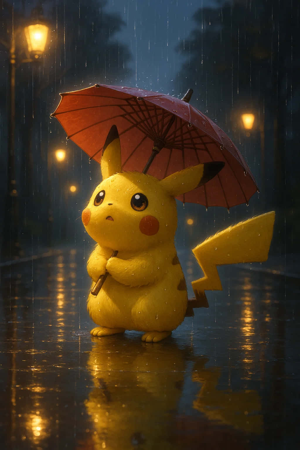 Pikachu HD Wallpaper WEBP 4K Background Download 壁紙 — 一隻黃色皮卡丘拿著紅色雨傘站在雨中濕漉漉的街道上，下方有發光的街燈。