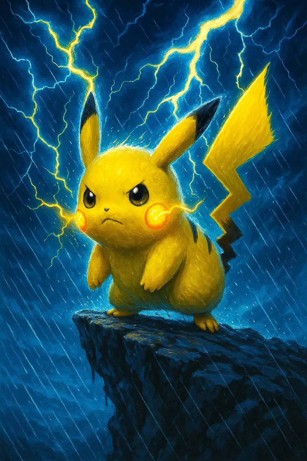 Pikachu HD Wallpaper WEBP 4K Background Download 壁紙 — 一隻黃色皮卡丘挑釁地站在黑暗的懸崖上，天空風雨交加，生動的閃電在牠的臉頰周圍劈啪作響。