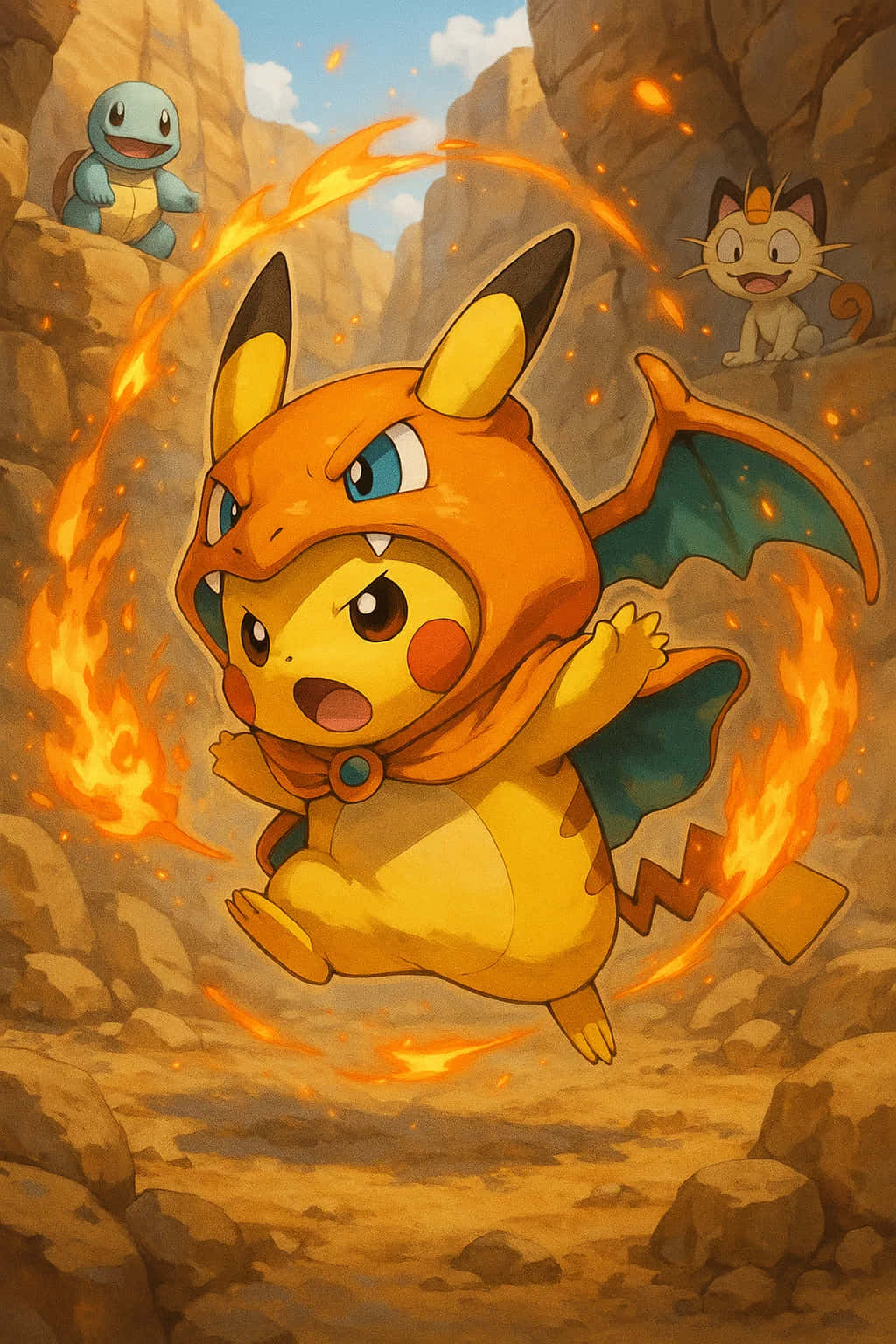 Pikachu HD Wallpaper WEBP 4K Background Download 壁紙 — 一隻黃色皮卡丘穿著火熱的噴火龍服裝，跳過岩石峽谷，火焰在周圍旋轉，而傑尼龜和喵喵在懸崖邊觀看。