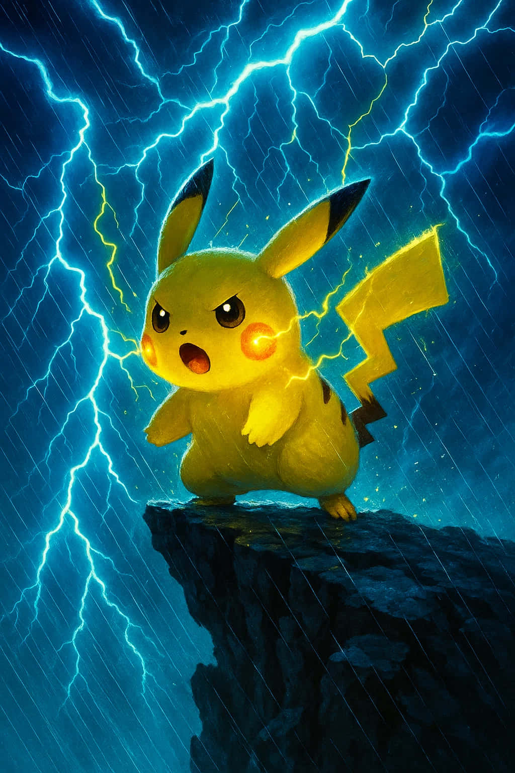 Pikachu HD Wallpaper WEBP 4K Background Download 壁紙 — 一隻黃色皮卡丘站在黑暗的懸崖上，暴風雨的天空下，生動的藍色閃電在它周圍劈下。