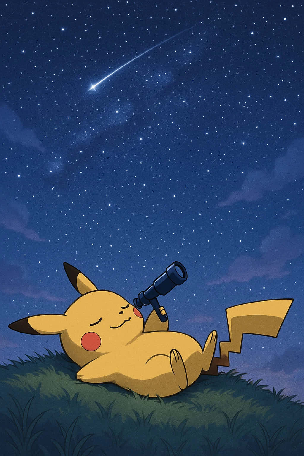 Pikachu HD Wallpaper WEBP 4K Background Download 壁紙 — 一隻黃色皮卡丘躺在草地上，透過望遠鏡觀看星空中的流星。