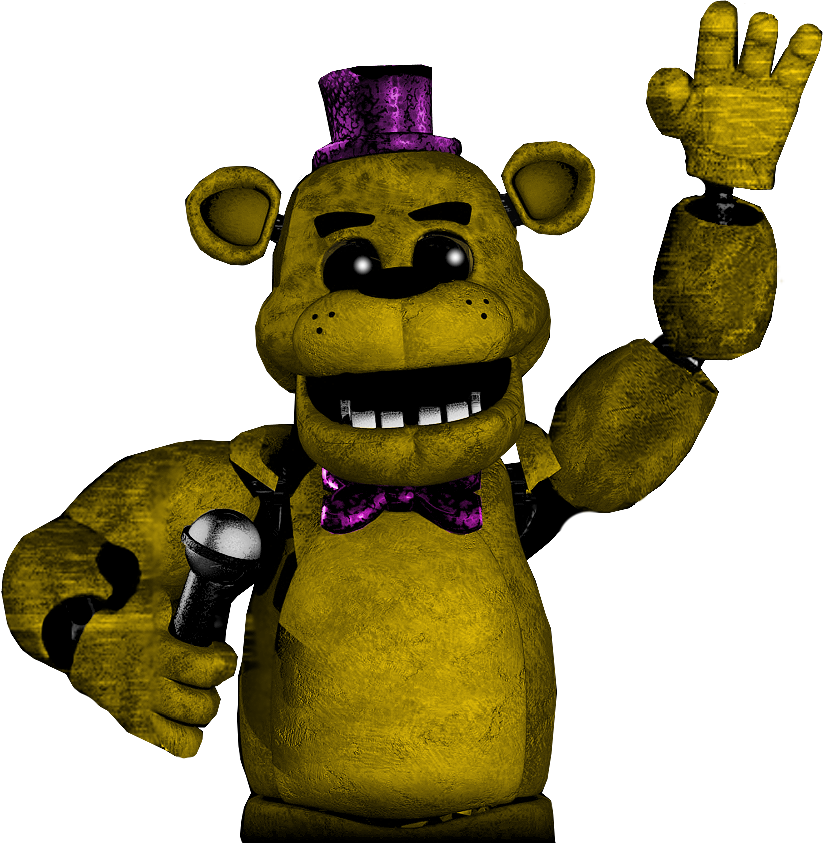 Fredbear 桌布 壁紙 — 一隻黃色電子熊，戴著紫色高帽和蝴蝶結，在深色背景前揮手並拿著麥克風。