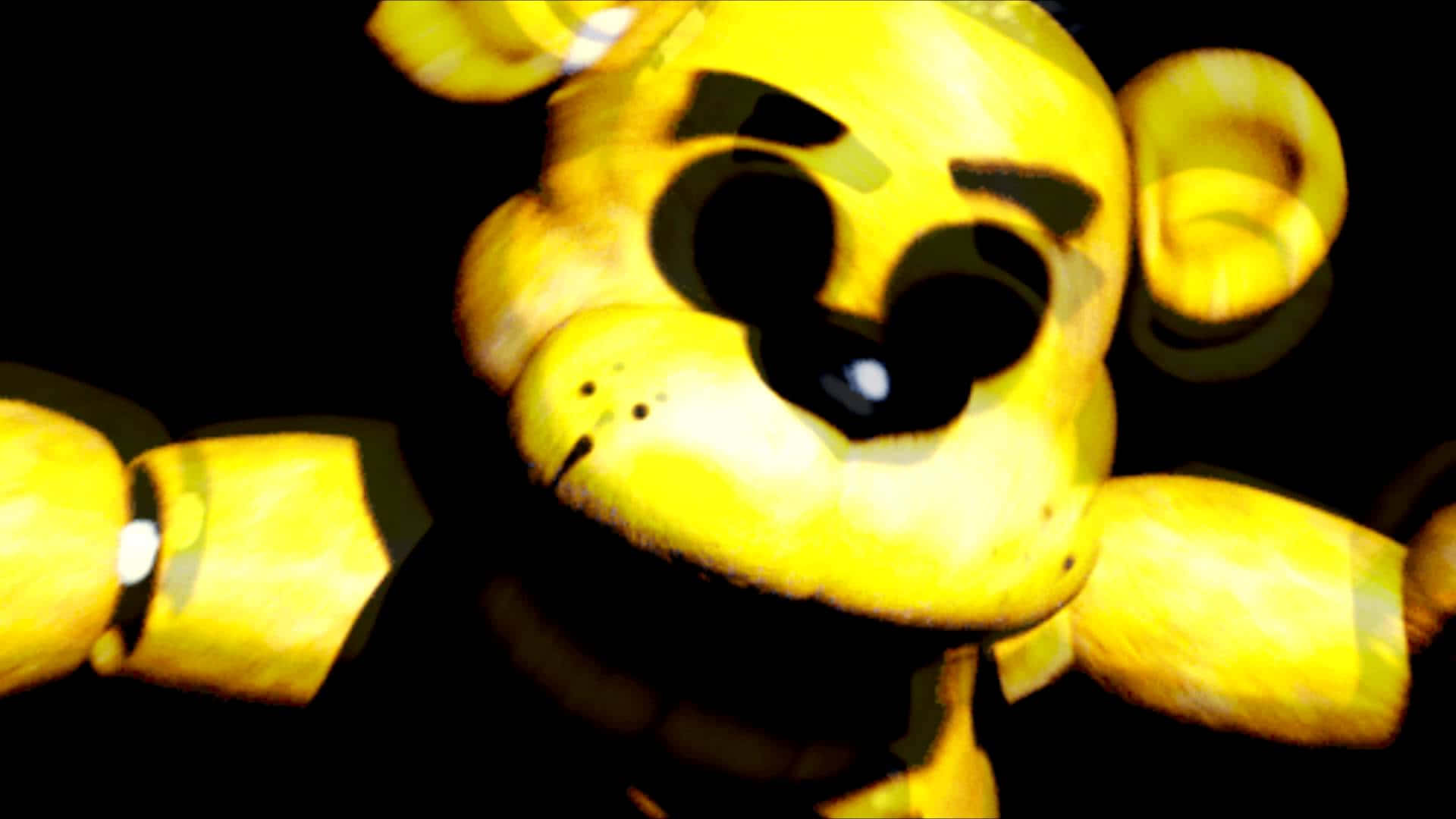 Golden Freddy 桌布 壁紙 — 一隻黃色電子熊的特寫，在黑色背景前有發光的眼睛和一個嚇人的笑容。