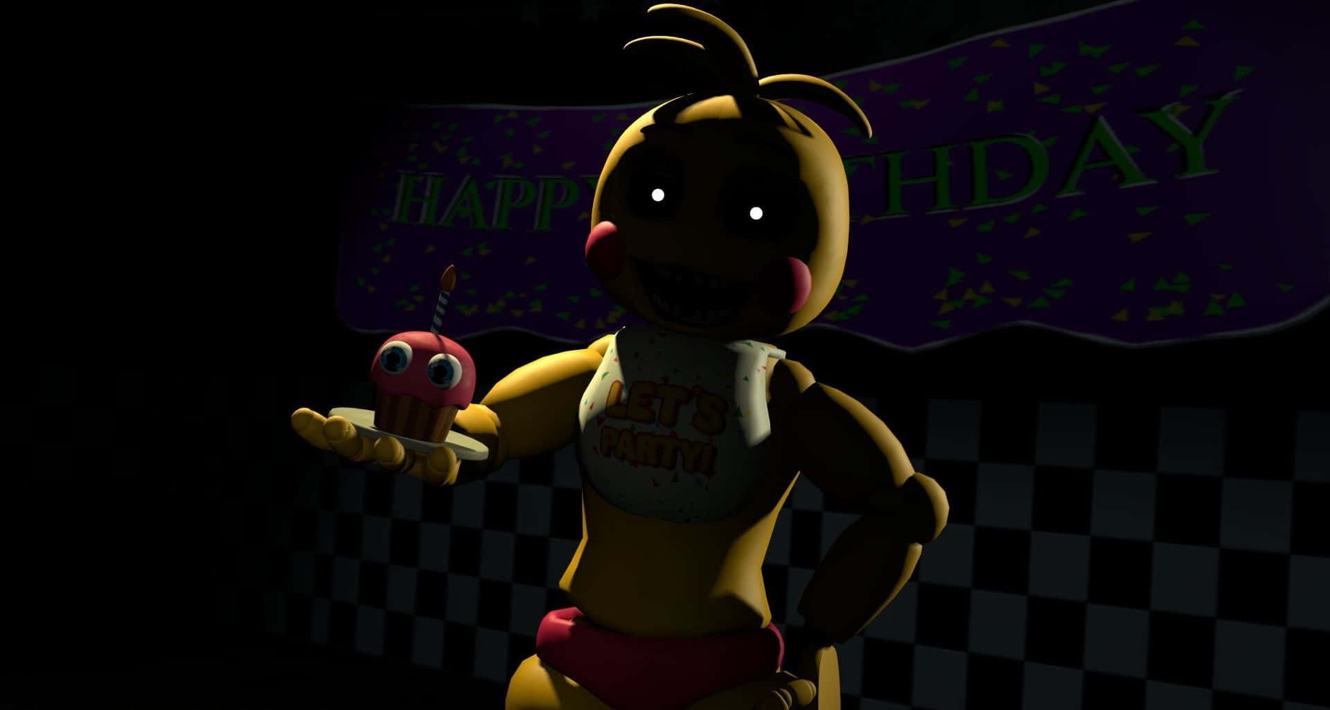 Chica The Chicken 桌布 壁紙 — 一隻黃色電子雞在黑暗的格子房間裡，在「Happy Birthday」橫幅下拿著一個紙杯蛋糕。