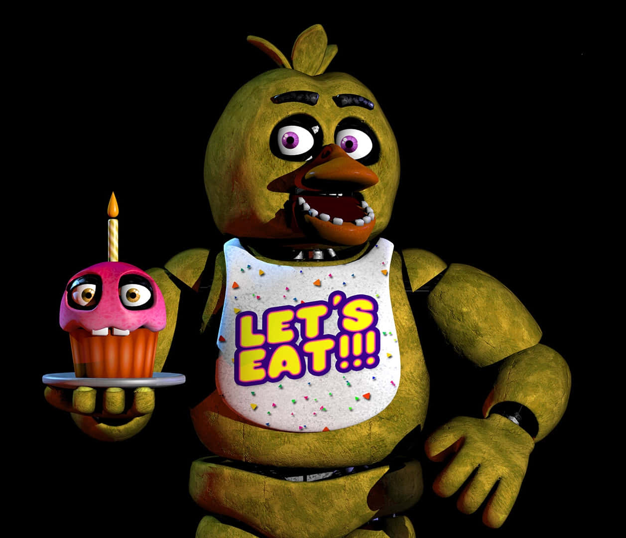Chica The Chicken 桌布 壁紙 — 一隻黃色電子雞戴著圍兜，在黑色背景前睜大眼睛拿著一個插著蠟燭的杯子蛋糕。