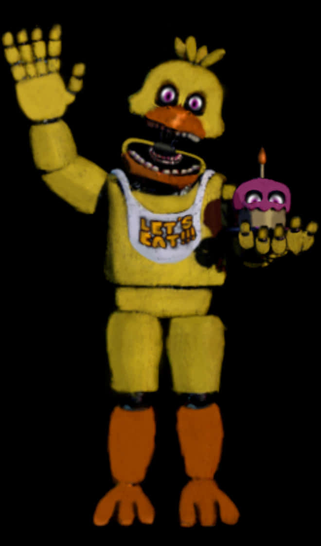fnaf world 桌布 壁紙 — 一隻黃色電子雞揮手，手持一個插有一根蠟燭的杯子蛋糕，背景為黑色。