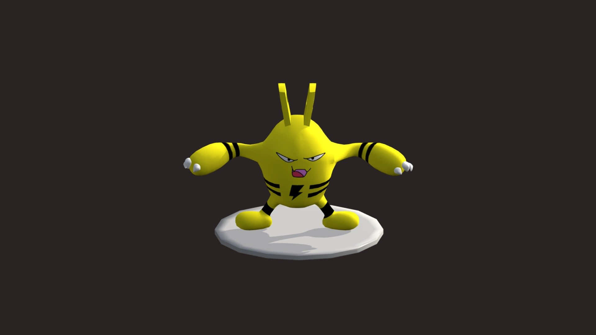 3D 桌布 壁紙 — 一隻黃色電屬性寶可夢，帶有黑色條紋和憤怒表情，站在白色平台上，背景為深色。