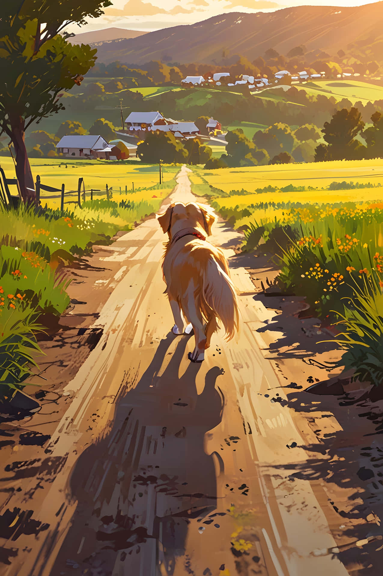 Sunset Over the Countryside Trail 壁紙 — 一隻黃金獵犬在溫暖的日落天空下，沿著一條陽光普照的泥土小徑穿過充滿活力的綠色田野，走向遠處的農舍。
