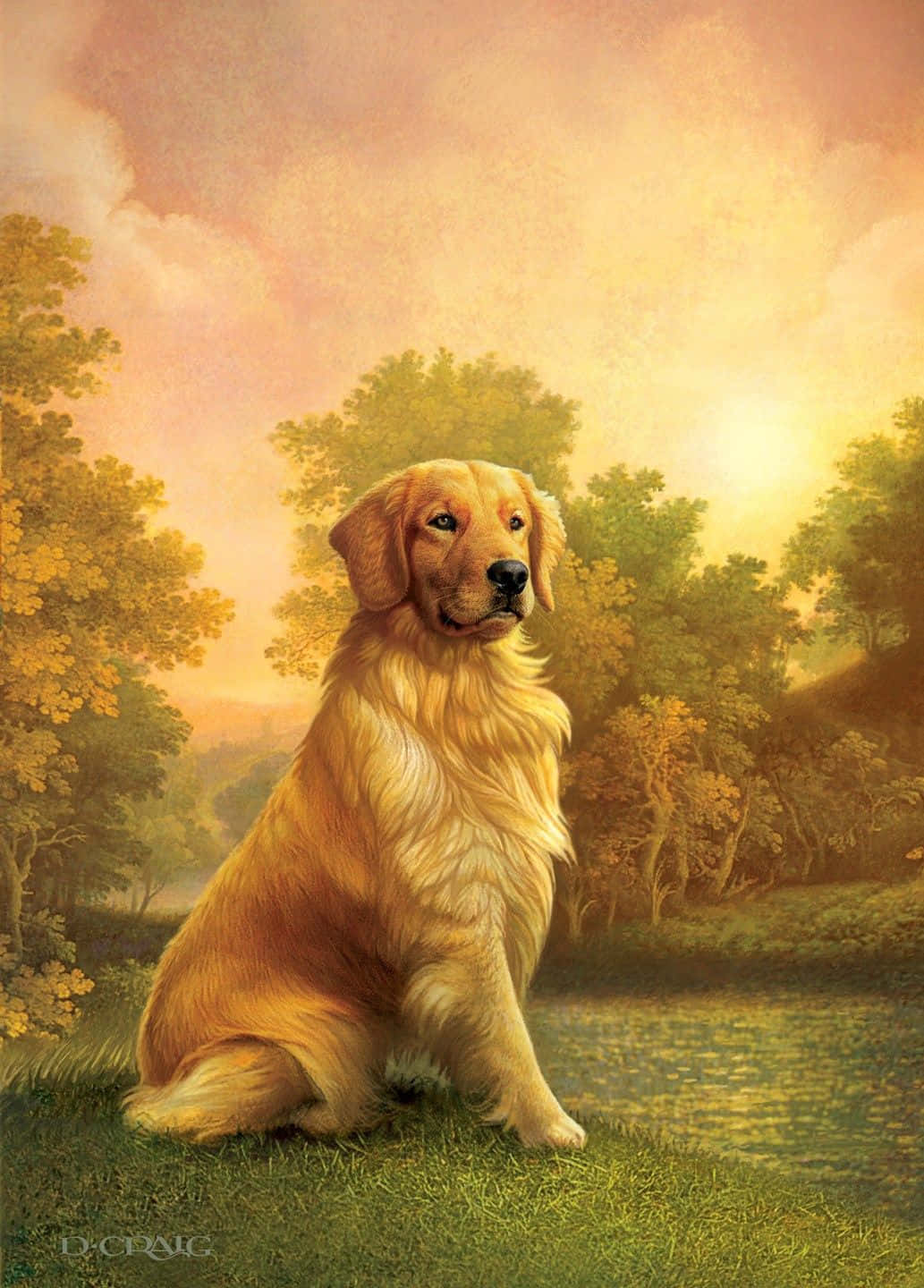 黃金獵犬 桌布 壁紙 — 一隻黃金獵犬在溫暖的日落天空下，平靜地坐在水邊的草地上，周圍有樹木。