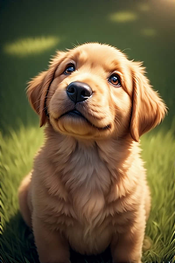 黃金獵犬 桌布 壁紙 — 一隻黃金獵犬幼犬，毛髮柔軟蓬鬆，坐在陽光照耀的綠色草地上，用大大的、富有表情的眼睛向上看。
