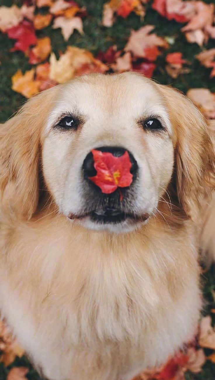 Dog Aesthetic 桌布 壁紙 — 一隻黃金獵犬幼犬，鼻子上有一片紅楓葉，被秋葉環繞。