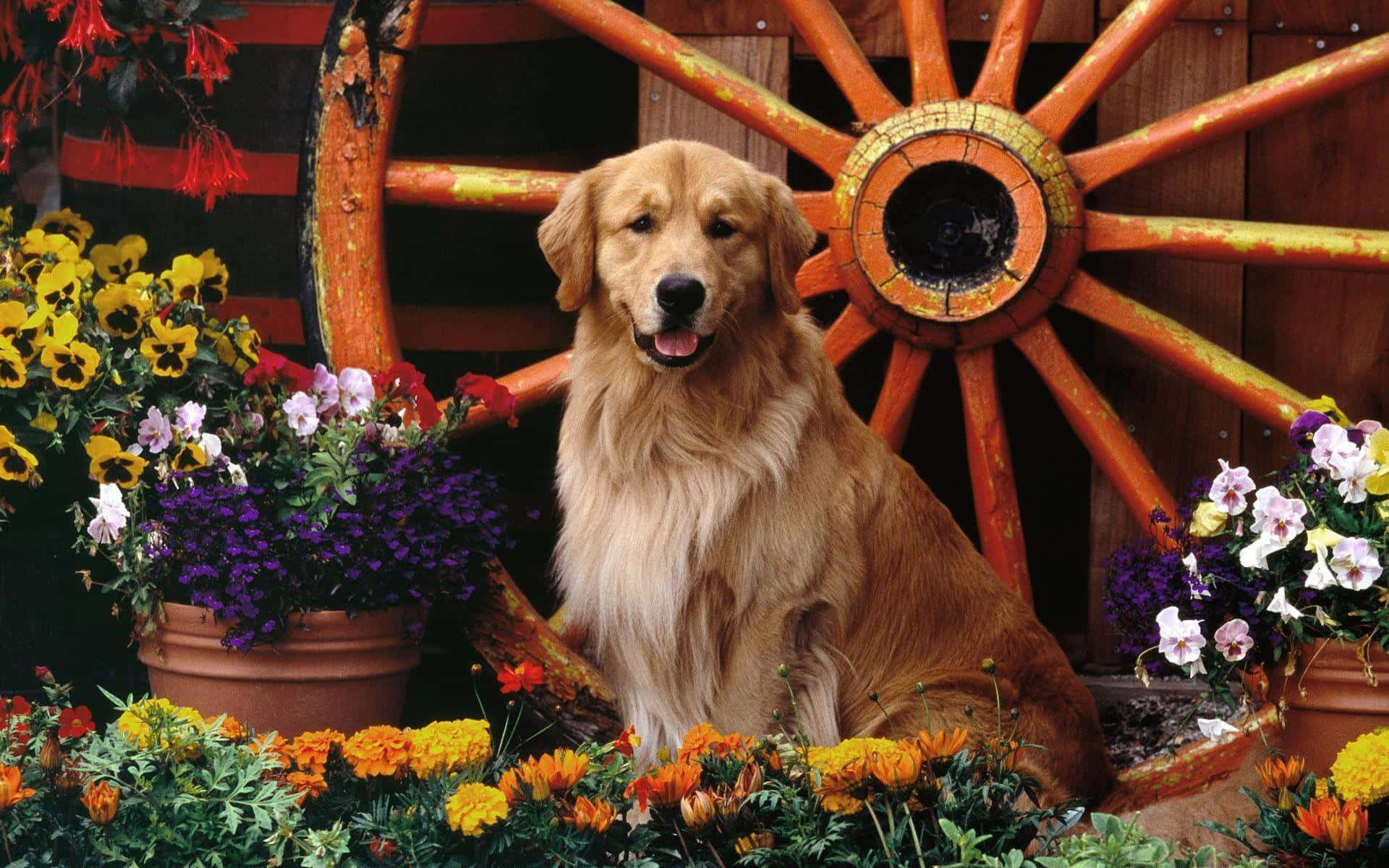 黃金獵犬 桌布 壁紙 — 一隻黃金獵犬愉快地坐在色彩繽紛的盆栽花卉和一個質樸的木製馬車輪之間。