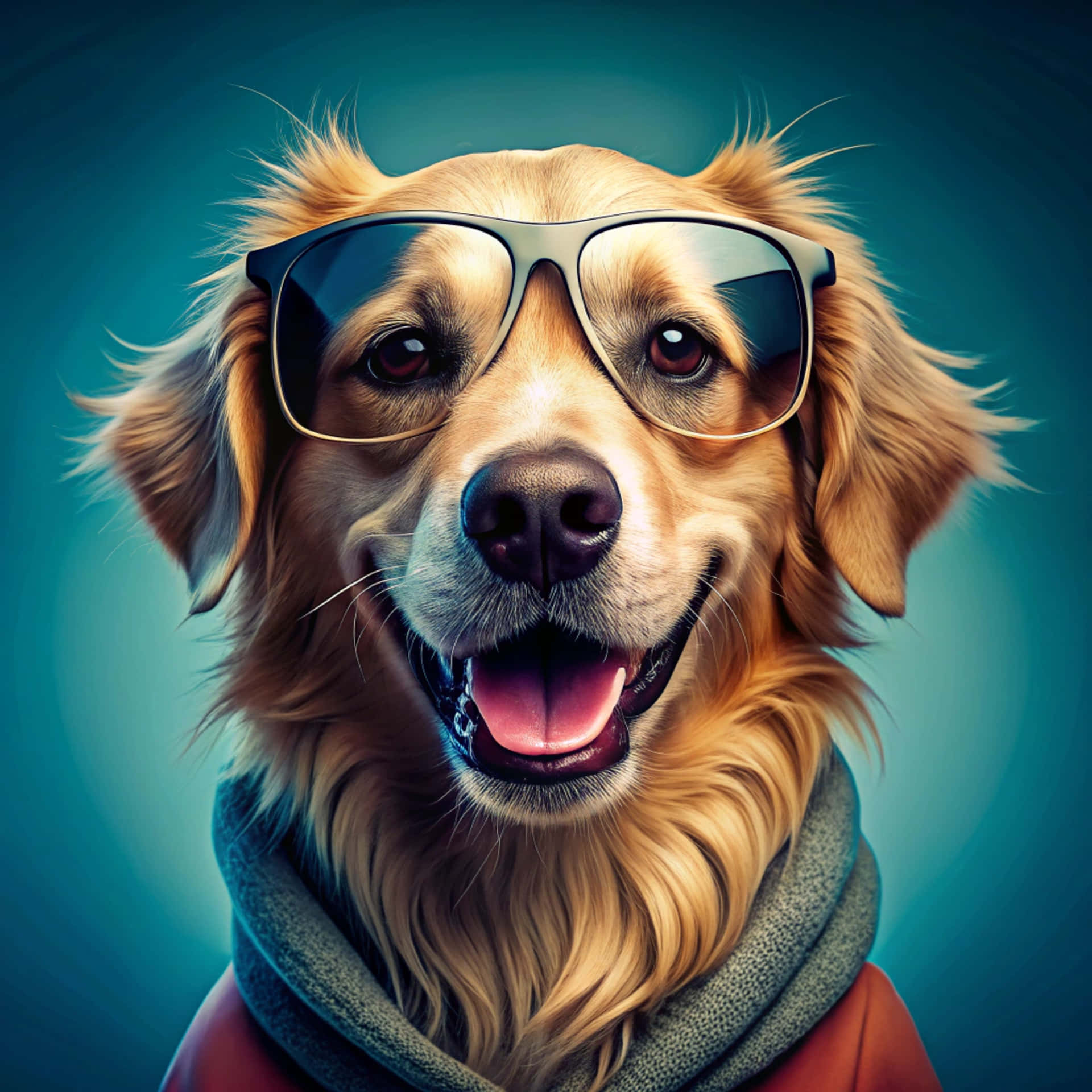 一隻黃金獵犬戴著太陽眼鏡和圍巾，在藍綠色背景前微笑。 — 學校 壁紙