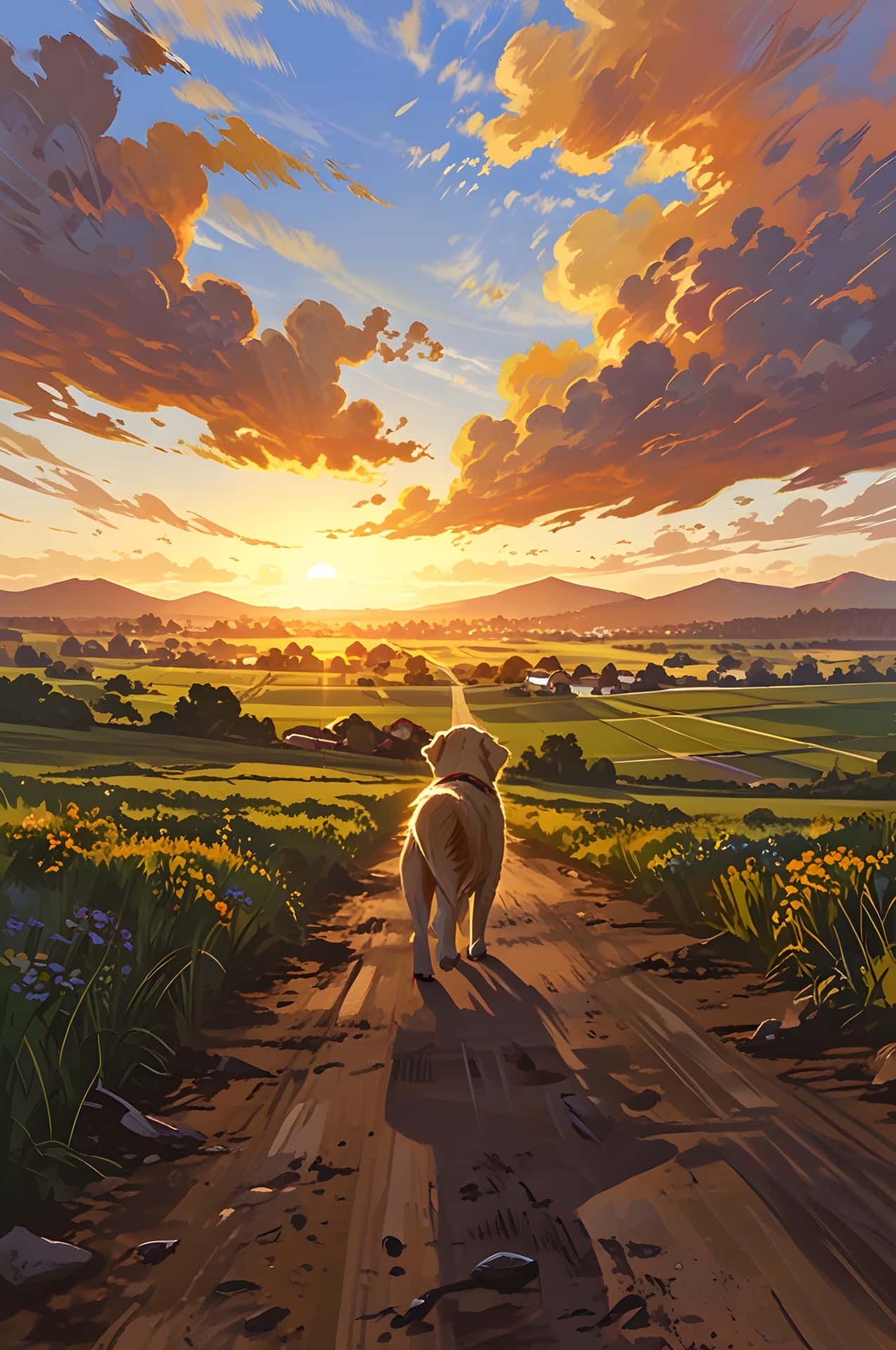 A Dog's Golden Hour Walk 壁紙 — 一隻黃金獵犬沿著一條泥土路走向夕陽，夕陽映照著起伏的綠色山丘和遠處的山脈。