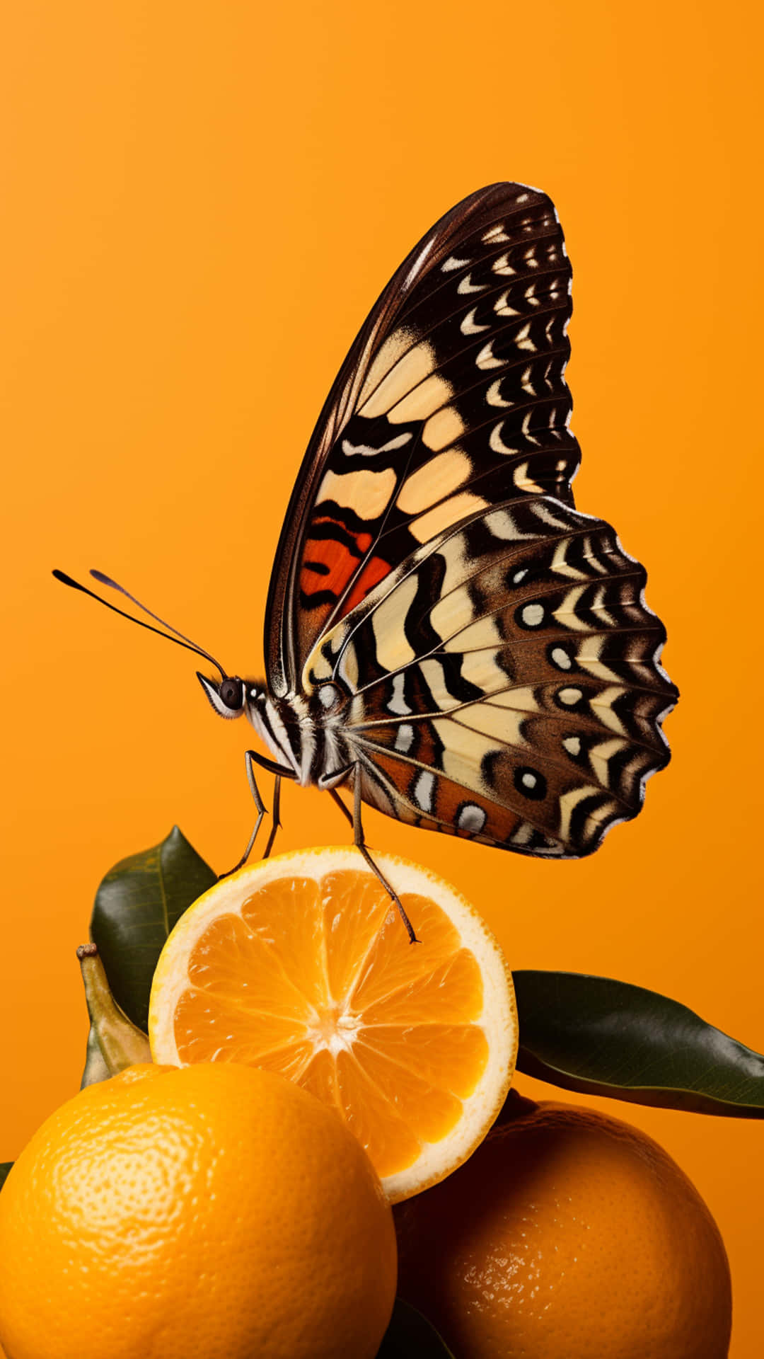 butterfly on a fruits 壁紙 — 一隻黑、白、橙色的蝴蝶優雅地停在一片切開的柳橙上，背景是鮮豔的橙色。