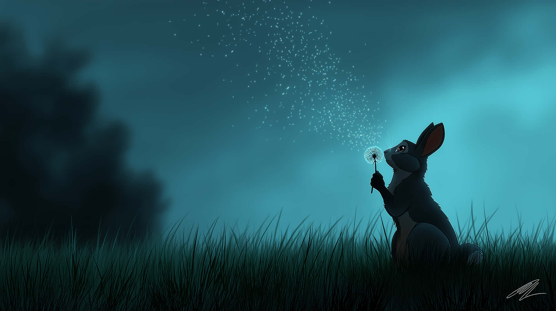 Cute Rabbit Blowing Dandelion Seeds in Night Sky 壁紙 — 一隻黑兔坐在高高的草叢中，將蒲公英種子吹向黃昏時繁星點點的藍綠色天空。