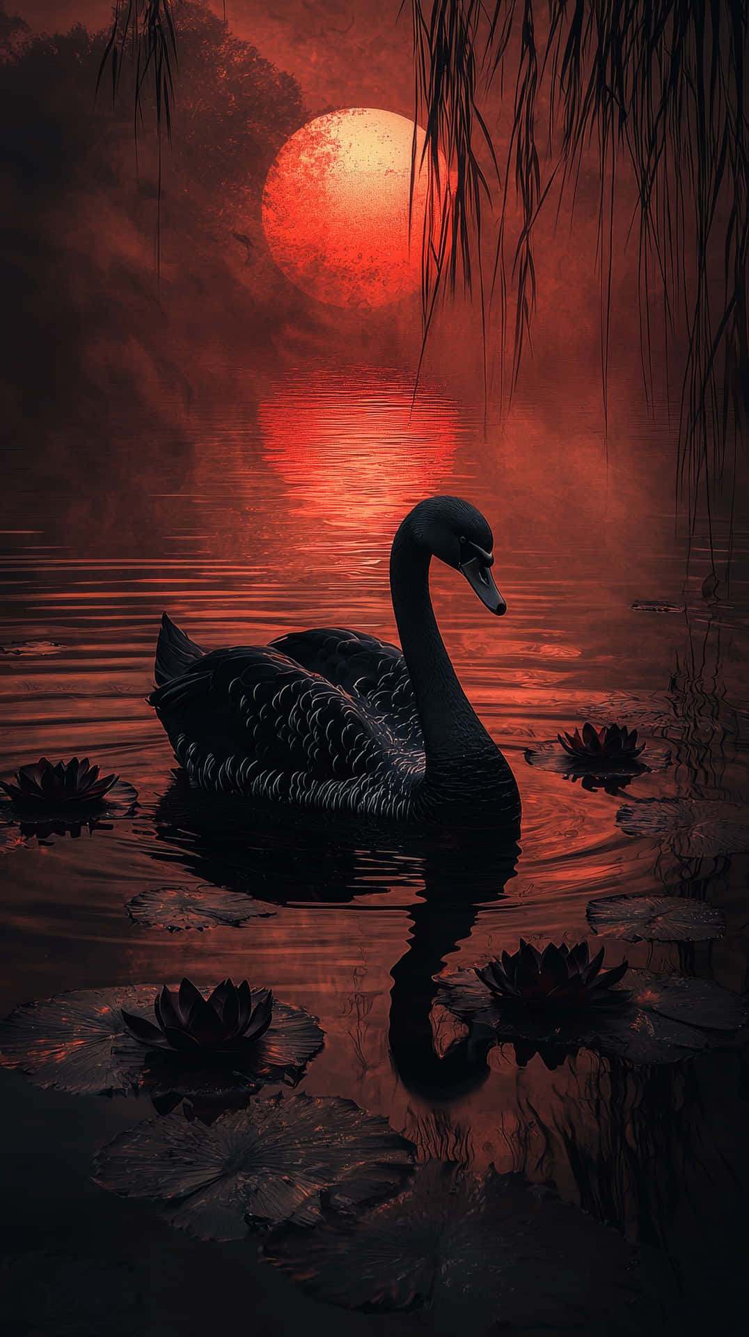 A majestic black swan drifts through a mysterious lake with dark lotus flower 壁紙 — 一隻黑天鵝在深紅色的池塘上優雅地滑行，池塘上方懸掛著一輪巨大的紅色月亮，被垂柳枝條環繞。