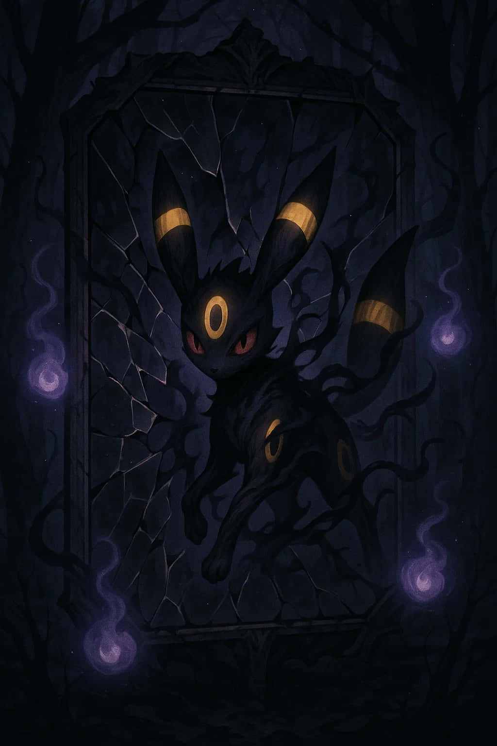 Umbreon Pokemon 4K HD Wallpaper WEBP MOBILE Backgrounds 壁紙 — 一隻黑暗、兇猛的月伊布，擁有發光的黃色眼睛和紫色煙霧漩渦，從陰暗森林中的破裂鏡子中出現。