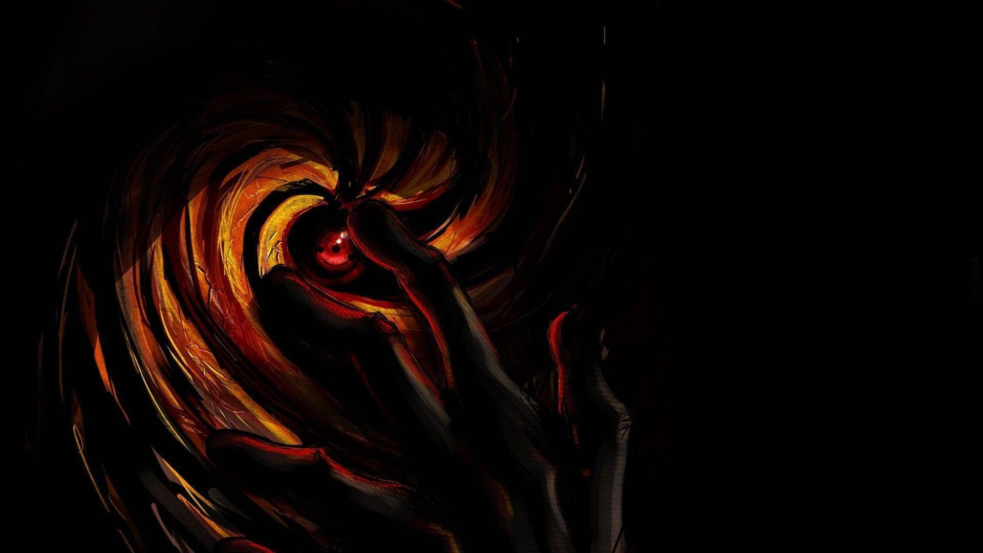 Obito Uchiha 桌布 壁紙 — 一隻黑暗的手在黑色虛空中抓住一個由熾熱橙色和紅色能量組成的旋轉漩渦。