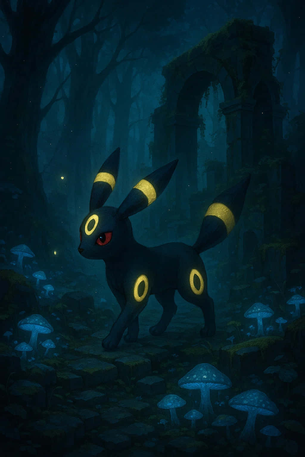 Umbreon Pokemon 4K HD Wallpaper WEBP MOBILE Backgrounds 壁紙 — 一隻黑暗神秘的月伊布在月光照耀的森林中警覺地站立，身後有發光的蘑菇和古代遺跡。