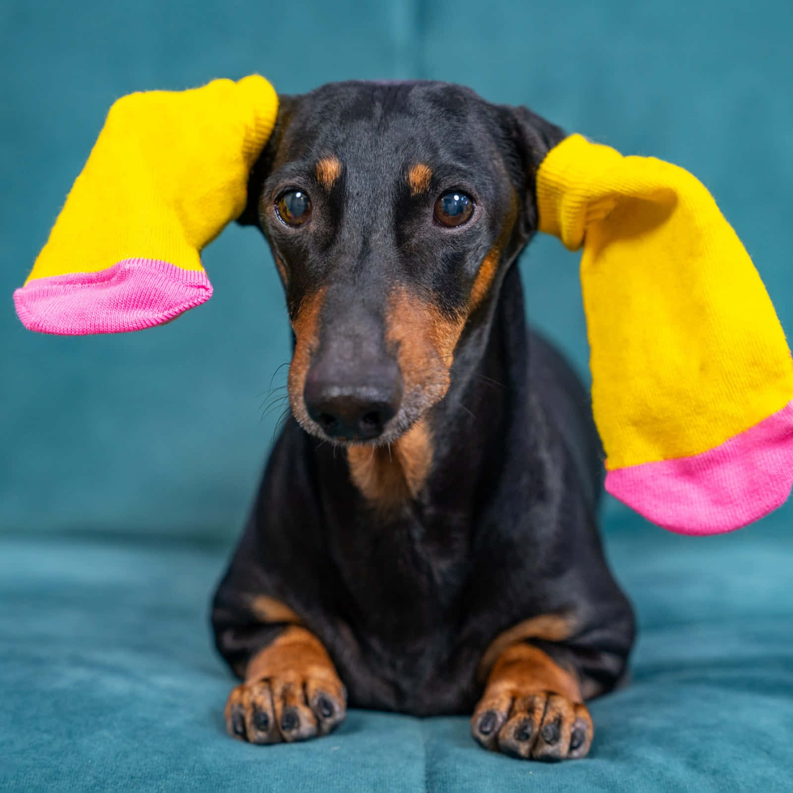 Funny Pet 桌布 壁紙 — 一隻黑棕色的臘腸犬冷靜地坐著，明亮的黃色襪子帶有粉紅色腳趾，掛在耳朵上，背景是藍綠色。